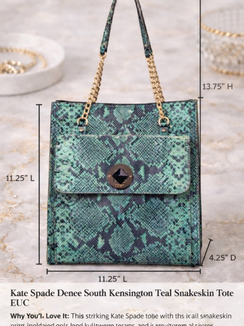 Kate Spade Denee South Kensington Teal Snakeskin Tote EUC - Picture 10 of 11